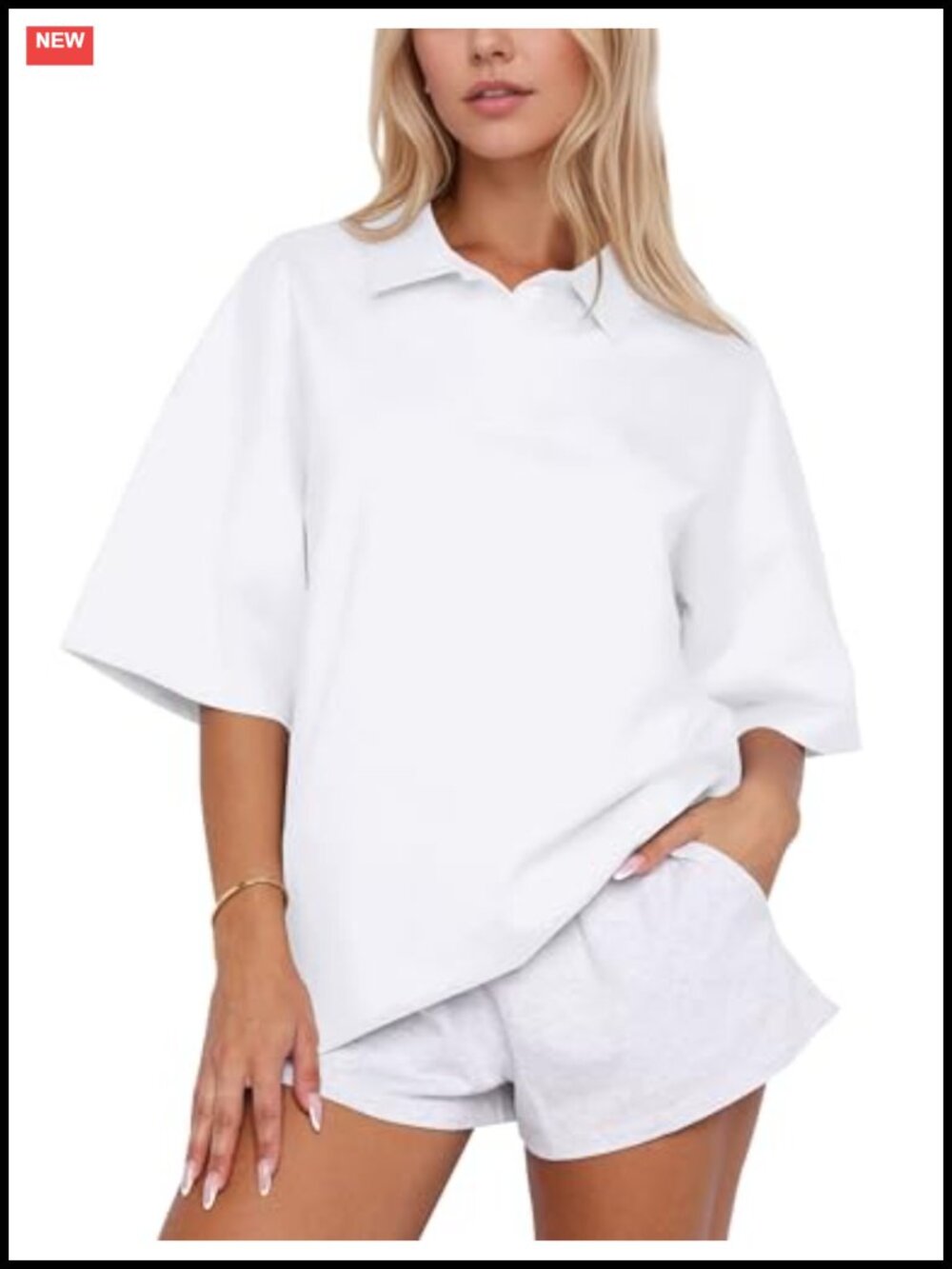 Women's Oversized Short Sleeve Striped Polo Shirt Casual Rugby Tee